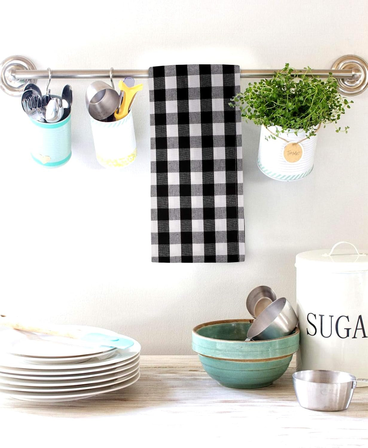 Kitchen Towels Set of 6 Buffalo Checks Black/White Kitchen Towels 20X30 Inches 100% Cotton Highly Absorbent Kitchen Towels Premium Quality Ultra Soft Mitered Corners Kitchentowels