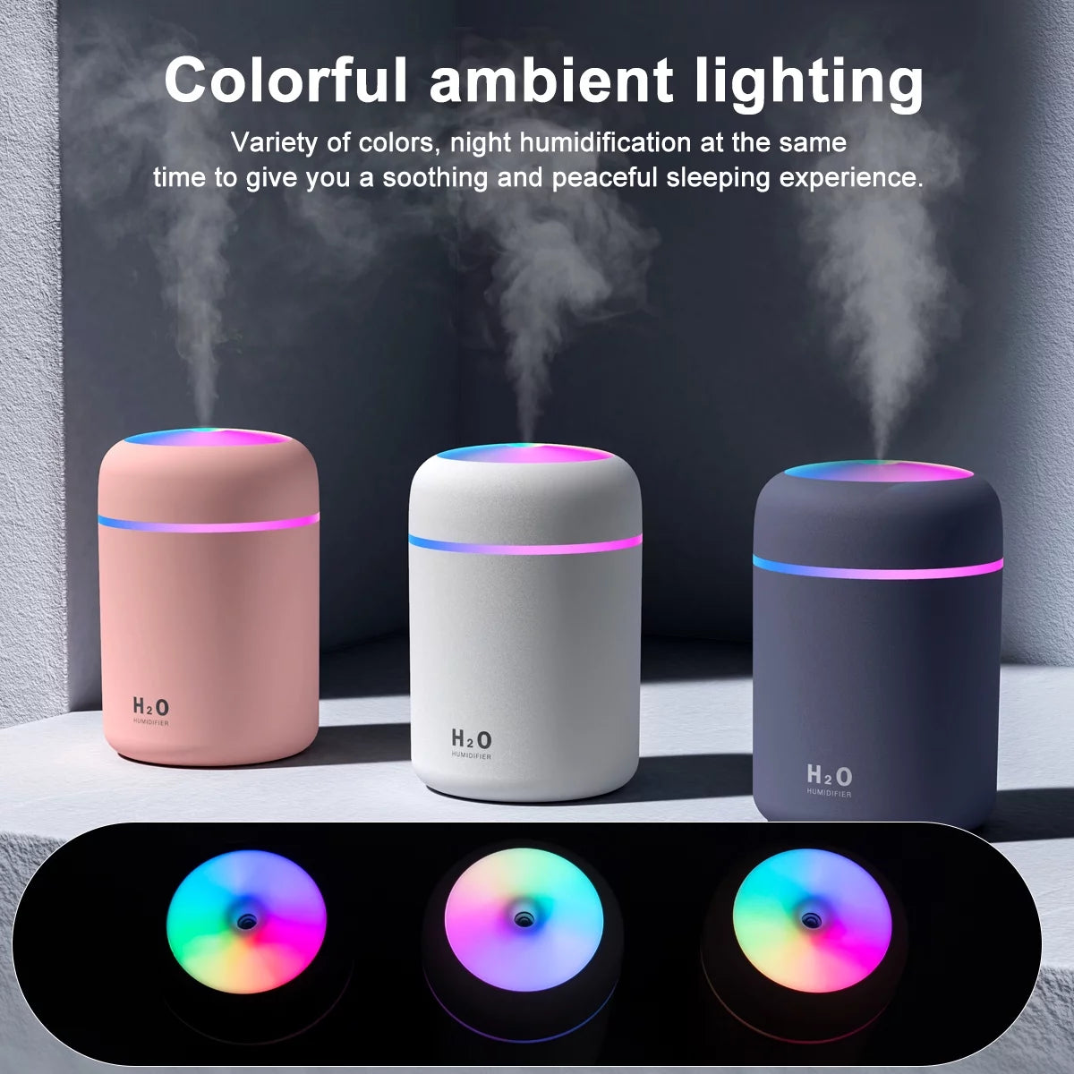300Ml Small Cool Mist Humidifier,Colorful USB Personal Humidifier for Car White