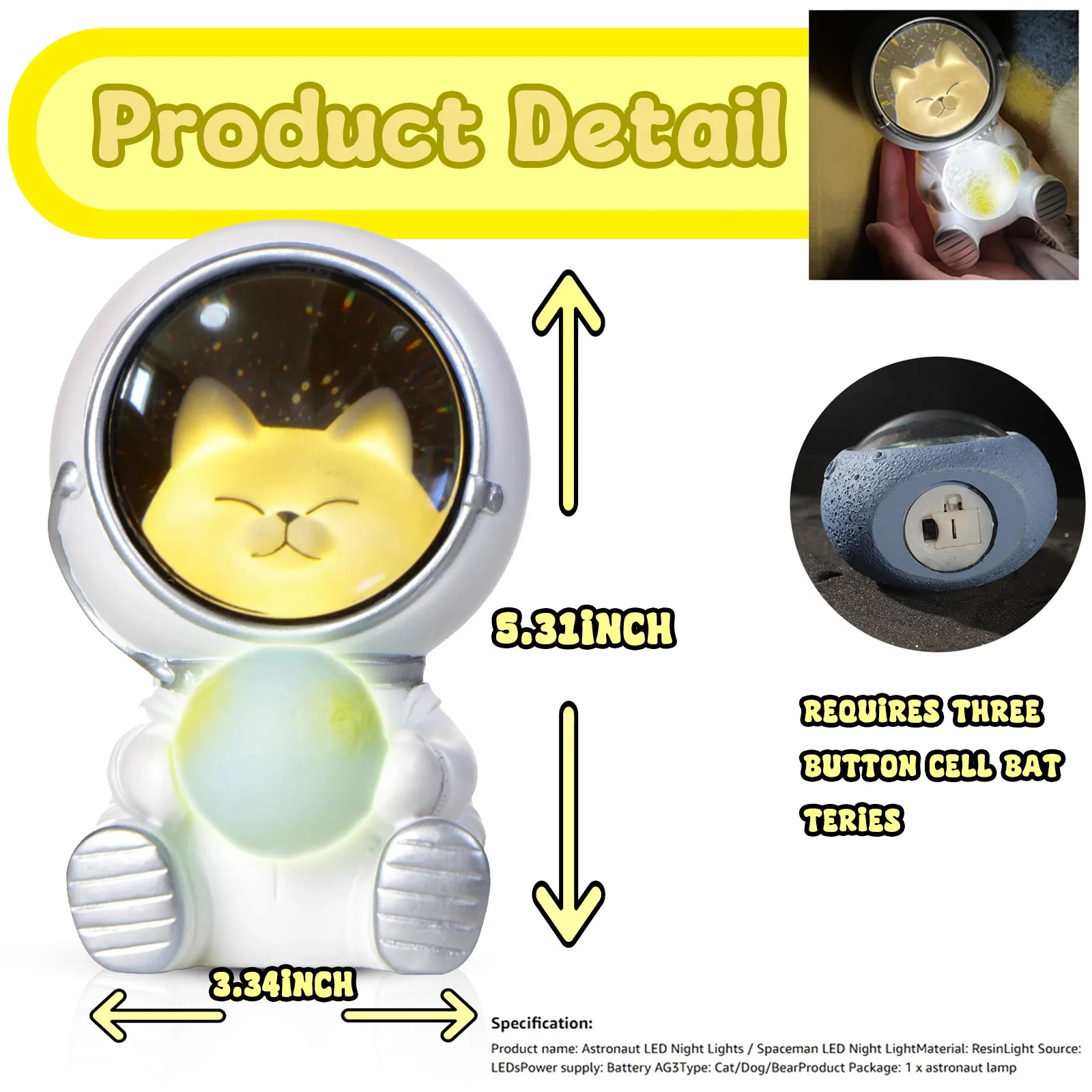 Astronaut Night Light, Space Cat LED Desktop Night Light, Astronaut Moon Lamps for Home Office Decoration, White